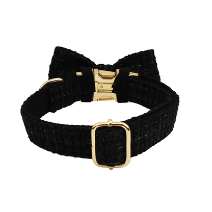 Classic black tweed dog collar with detachable bow tie and gold hardware close up detail
