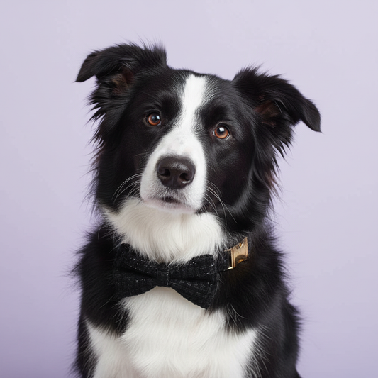 Border Collie wearing classic black tweed collar with bow tie on lavender background
