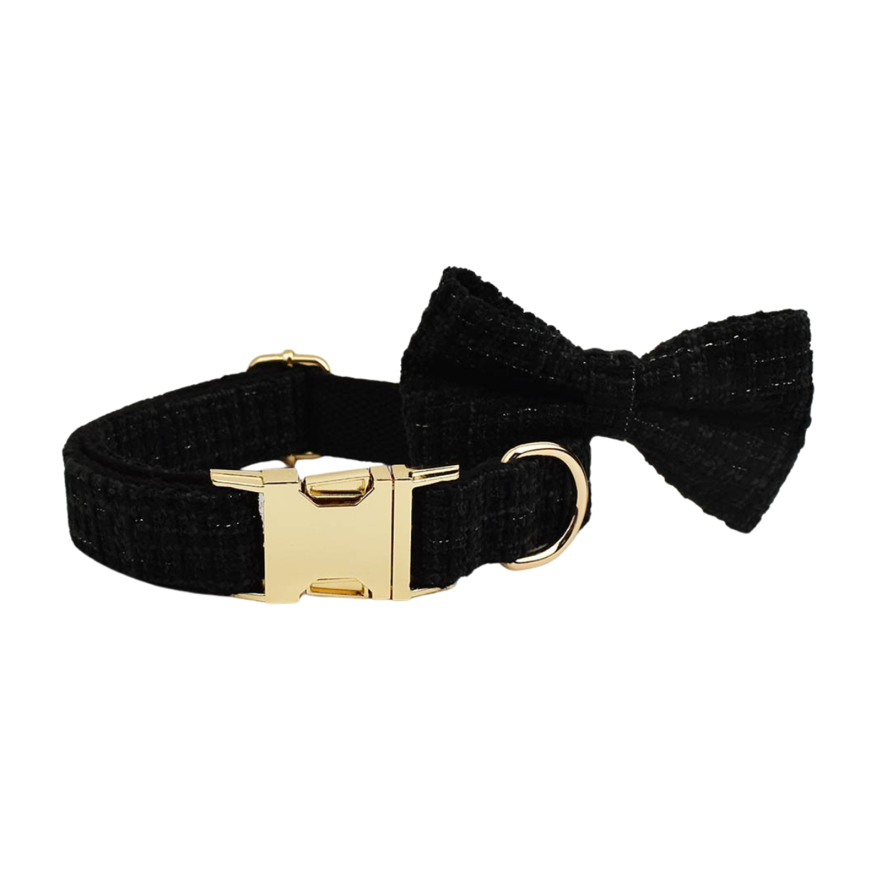 Classic black tweed dog collar with detachable bow tie and gold hardware close up detail