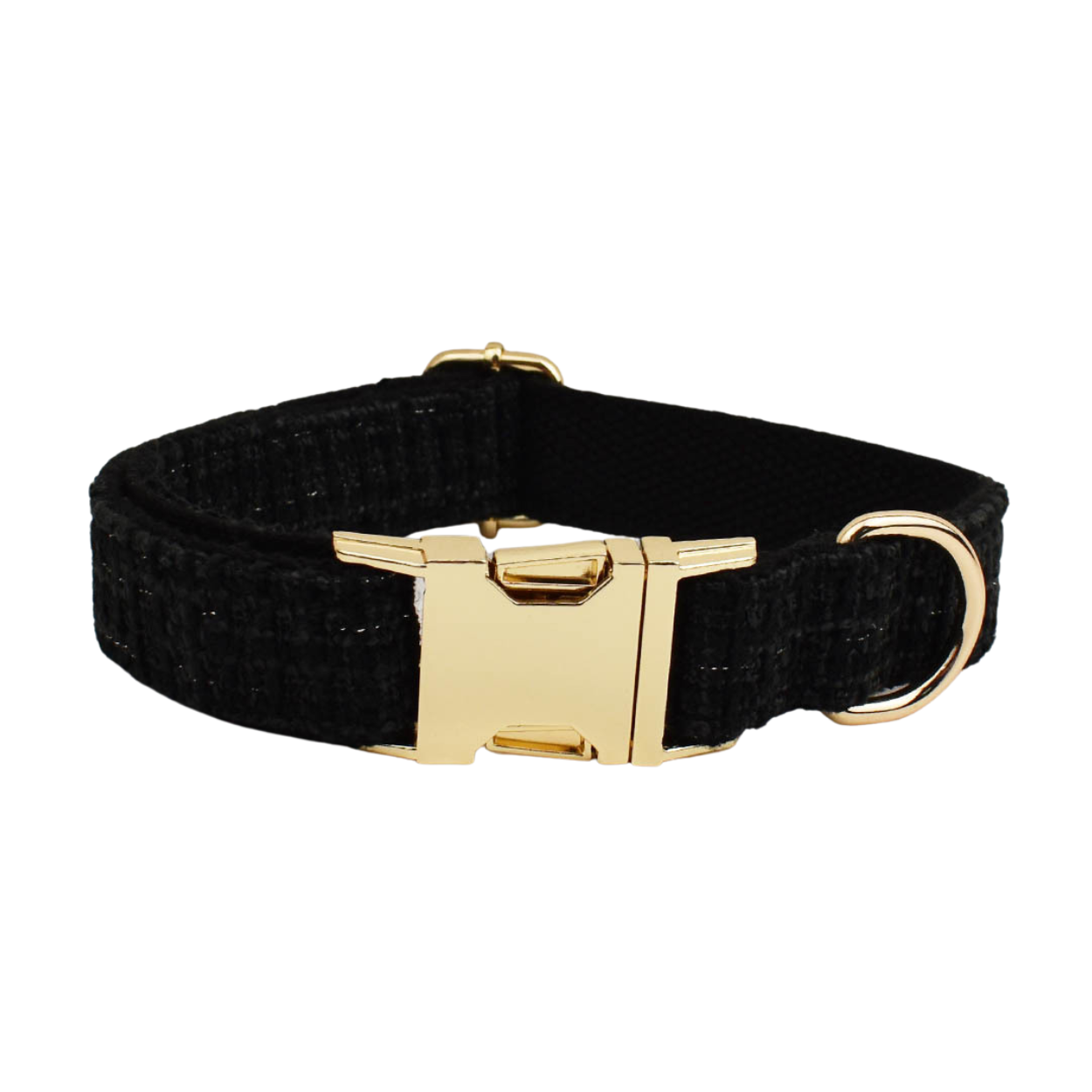 Front view of a Bling Fuzzie black tweed dog collar showing the gold brass side-release buckle and D-ring, with classic woven tweed texture and black canvas lining on a white background


