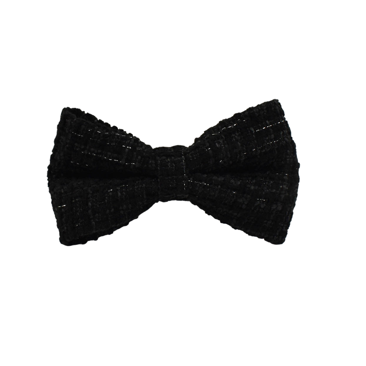 Close-up of a Bling Fuzzie black tweed detachable dog bow tie, showing the classic woven texture with subtle sheen on a white background