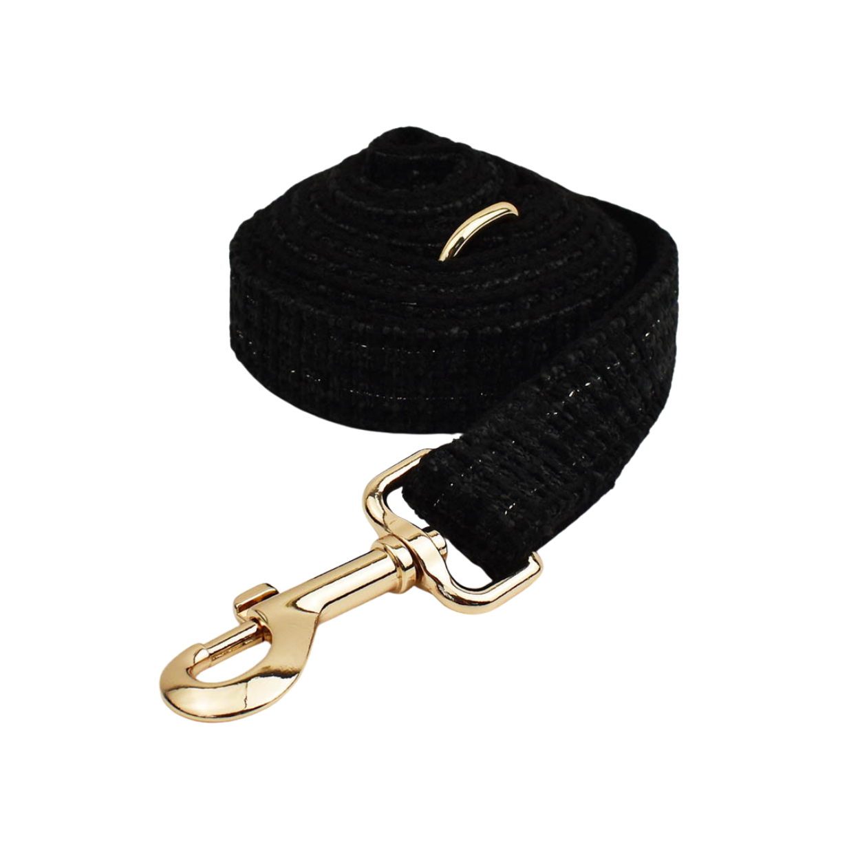 Classic black tweed dog leash with gold hardware clasp detail shot