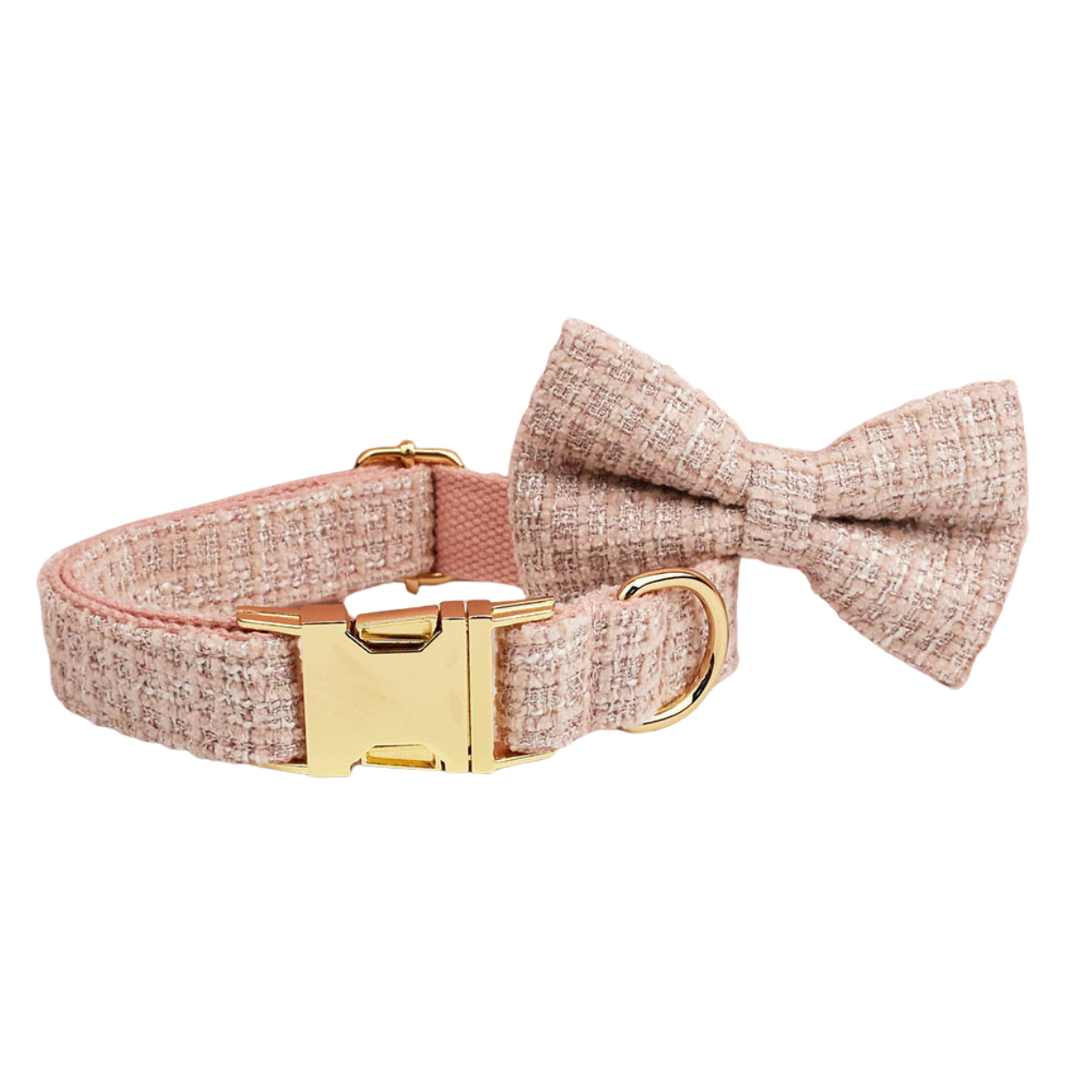 Classic blush pink tweed dog collar with bow tie and gold hardware product shot white background
