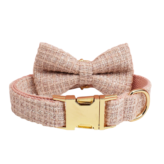 Classic blush pink tweed dog collar with detachable bow tie and gold hardware close up detail