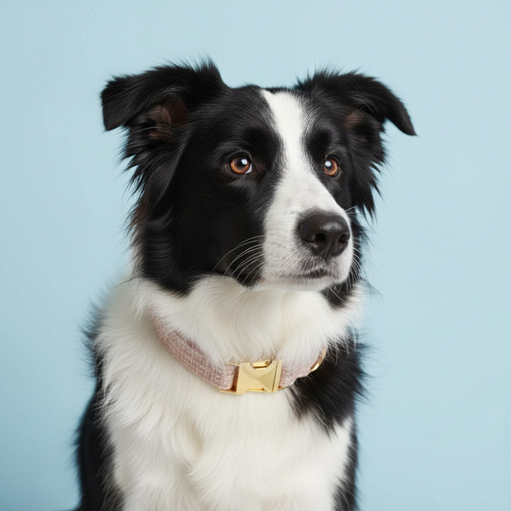 Border Collie wearing classic blush pink tweed collar on light blue background
