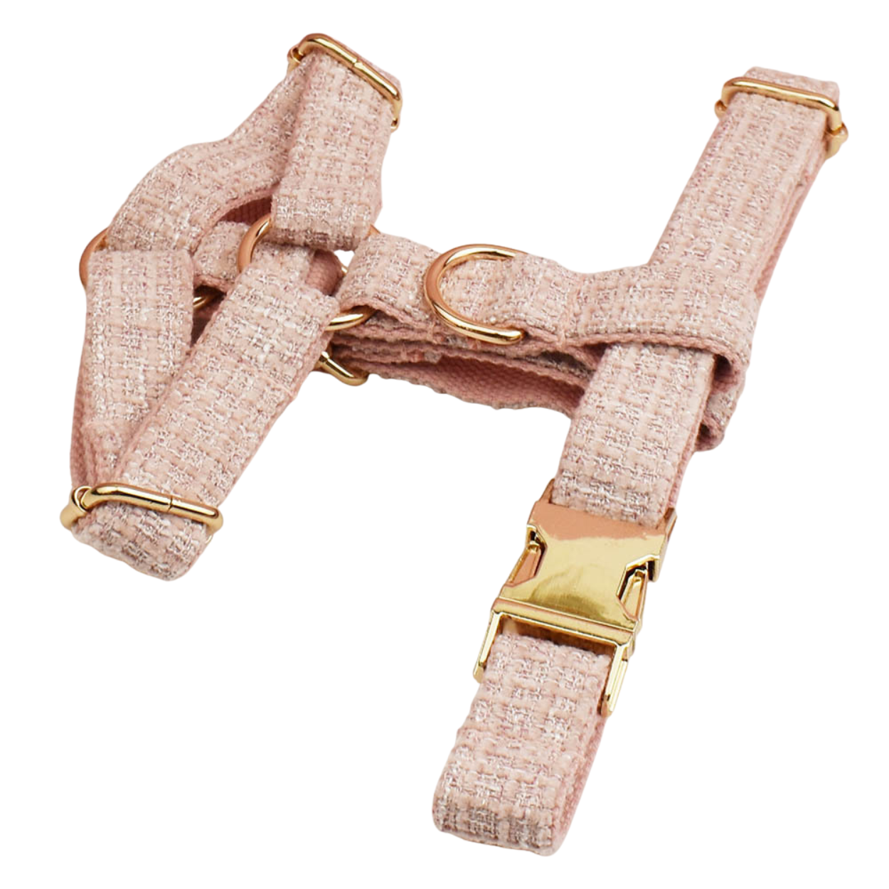 Classic blush pink tweed dog harness adjustable straps with gold hardware detail shot