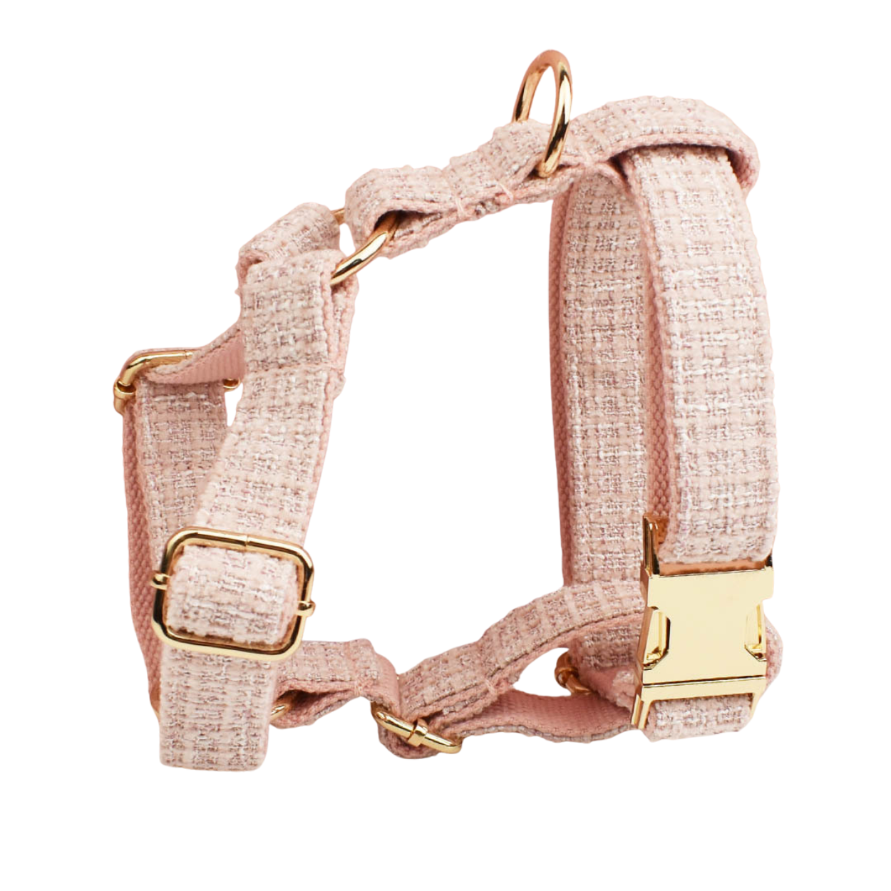 Classic blush pink tweed dog harness front view with gold buckle close up detail