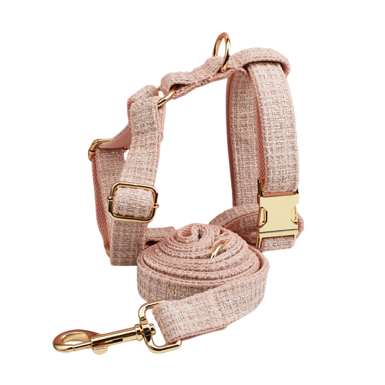 Classic blush pink tweed dog harness and leash set with gold hardware main product shot