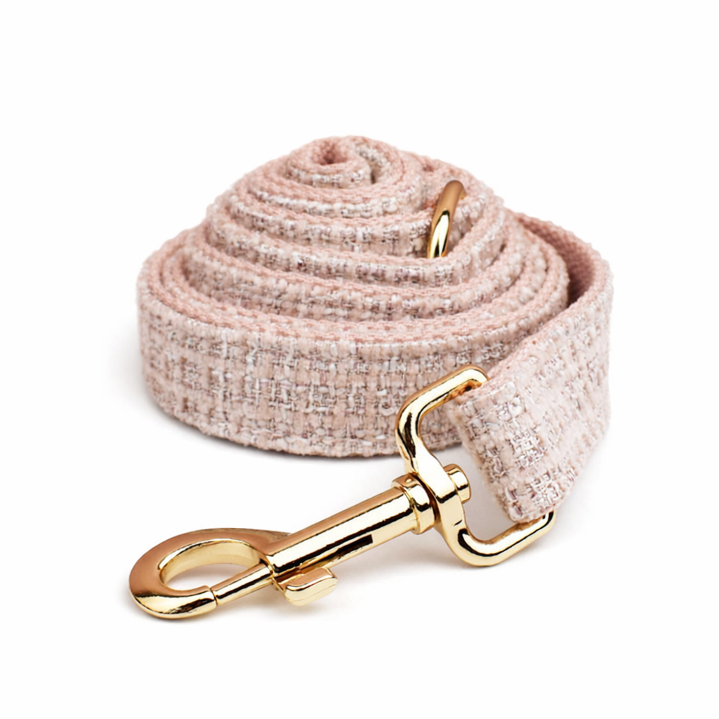 Classic blush pink tweed dog leash with gold hardware clasp detail shot
