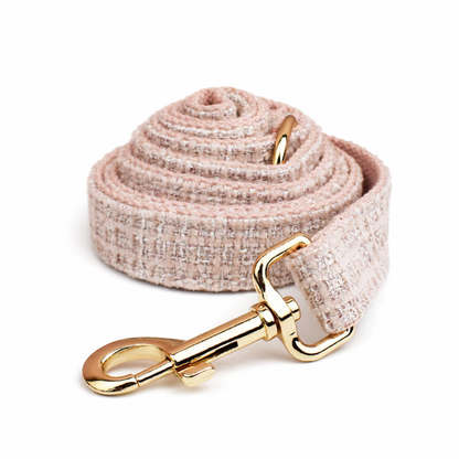 Classic blush pink tweed dog leash with gold hardware clasp detail shot