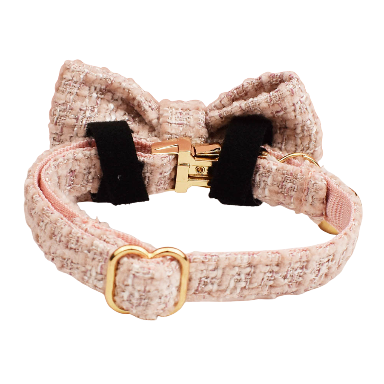 Classic blush tweed cat collar with bow tie back view showing gold hardware product shot
