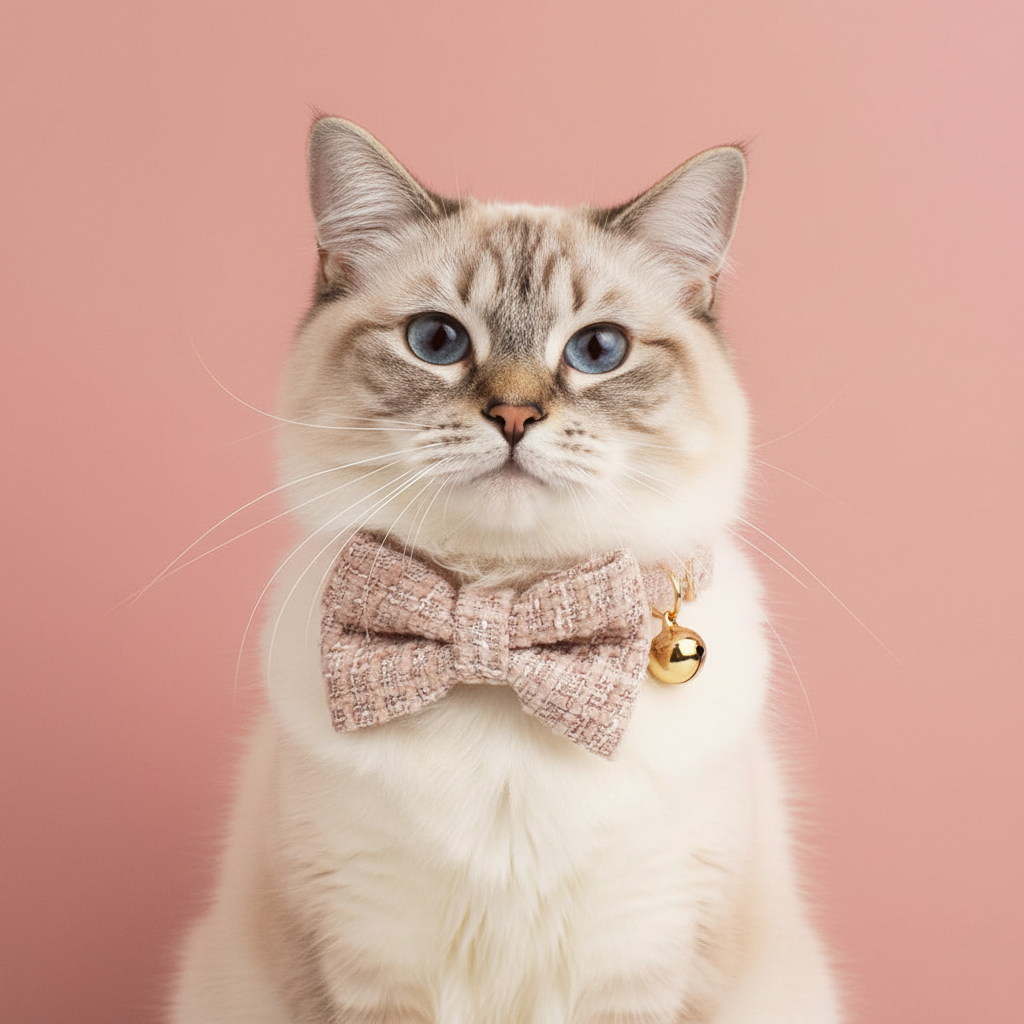 Ragdoll cat wearing classic blush tweed collar with bow tie on pink background
