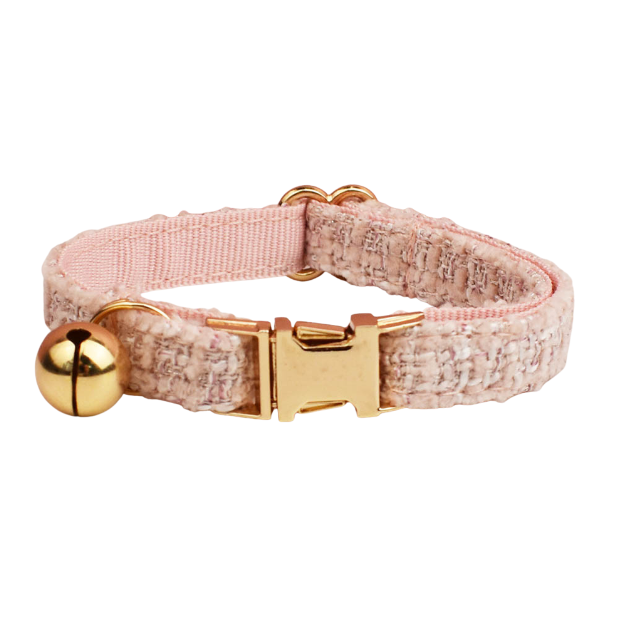 Classic blush tweed cat collar with gold buckle and safety bell product shot white background
