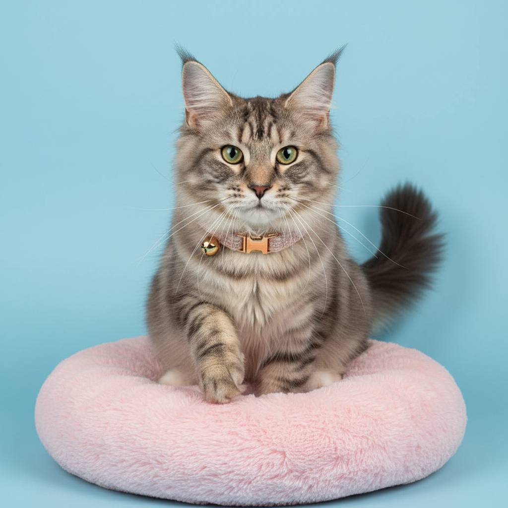 Maine Coon cat wearing classic blush tweed collar with gold buckle on pink cushion light blue background
