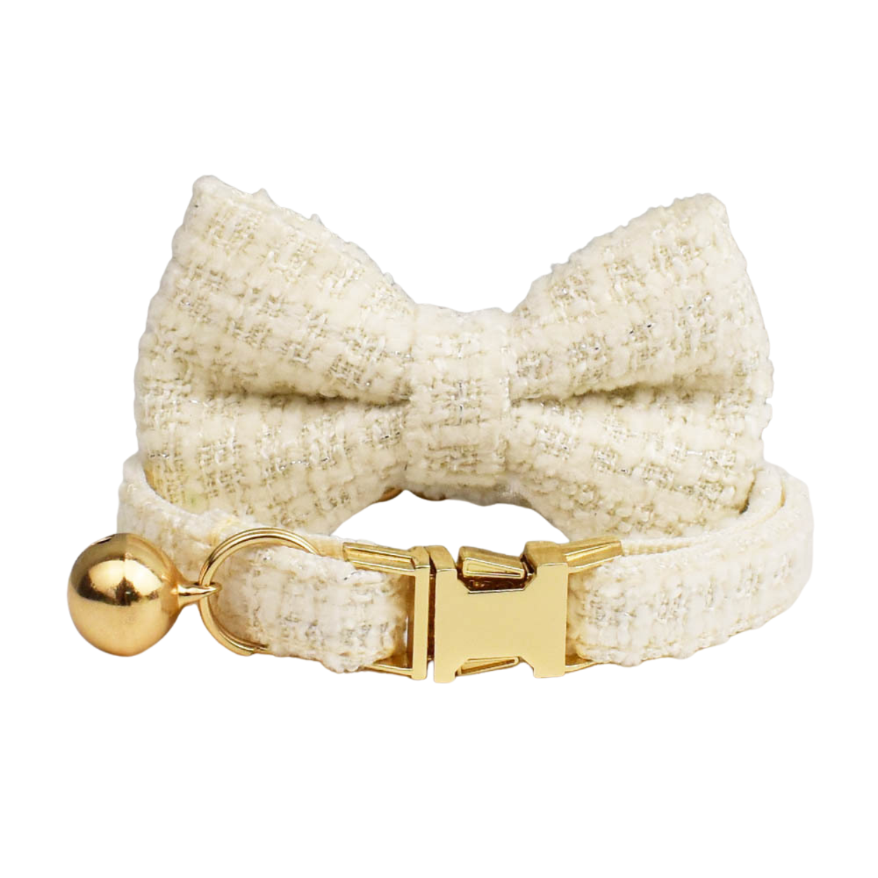 Cream tweed cat collar with removable bow tie gold hardware and bell product detail shot
