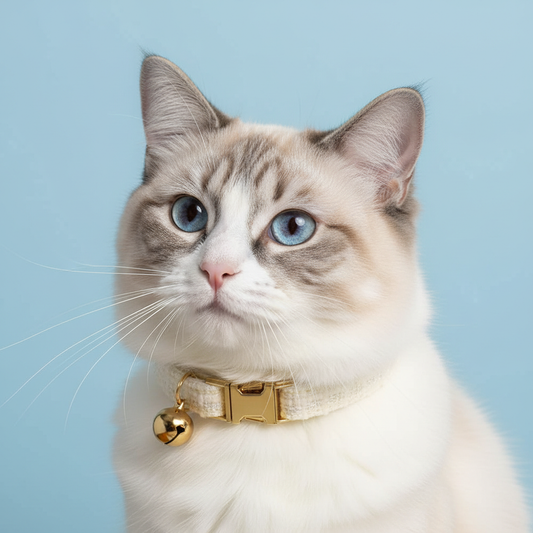 Ragdoll cat wearing cream tweed cat collar with gold hardware against light blue background - elegant pet accessory
