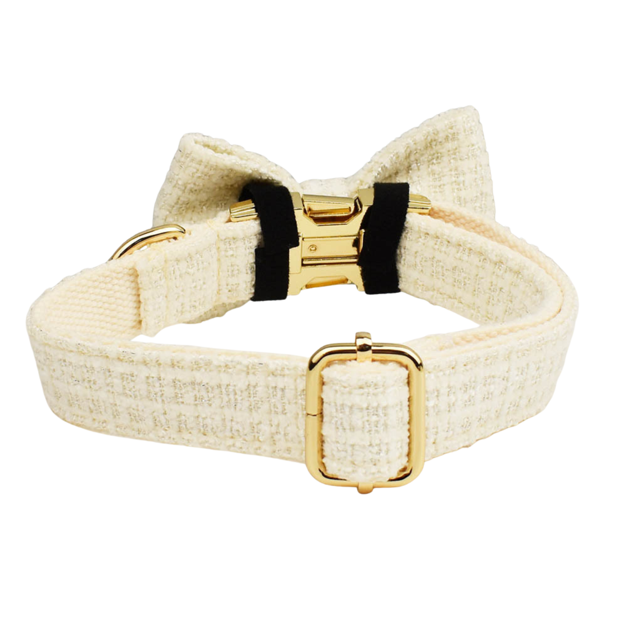 Back view of a Bling Fuzzie cream tweed dog collar with detachable bow tie, showing the adjustable gold brass buckle and D-ring hardware on a white background