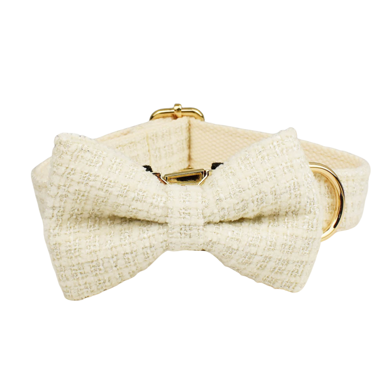 Classic cream tweed dog collar with bow tie and gold hardware product shot white background
