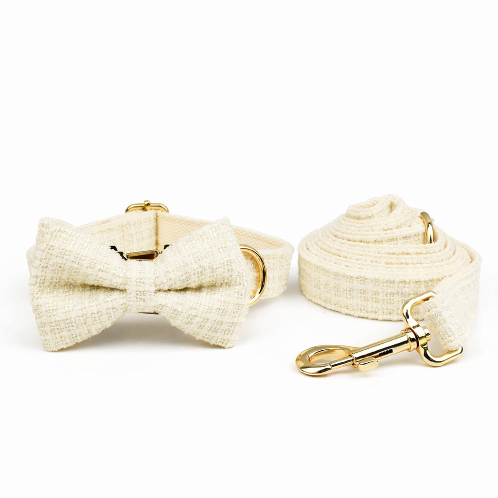 Classic cream tweed dog collar bow tie and leash complete set with gold hardware product shot white background
