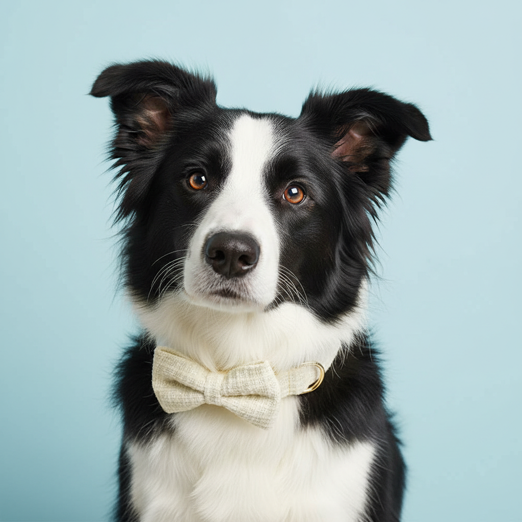 Border Collie wearing classic cream tweed collar with bow tie on light blue background
