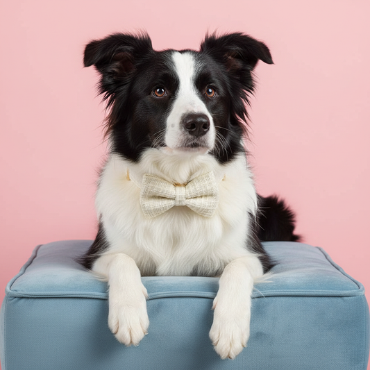 Border Collie wearing classic cream tweed collar with bow tie on pink background with blue ottoman
