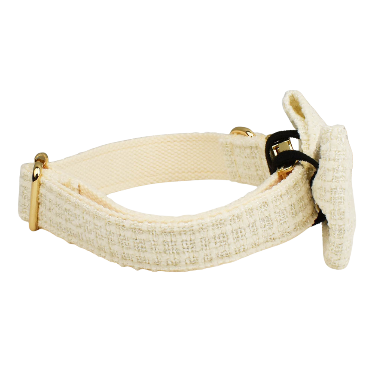 Classic cream tweed dog collar with bow tie side view showing gold hardware product shot white background
