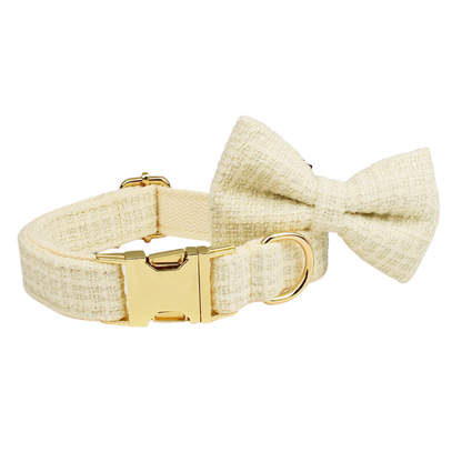  Classic cream tweed dog collar with detachable bow tie and gold hardware close up detail