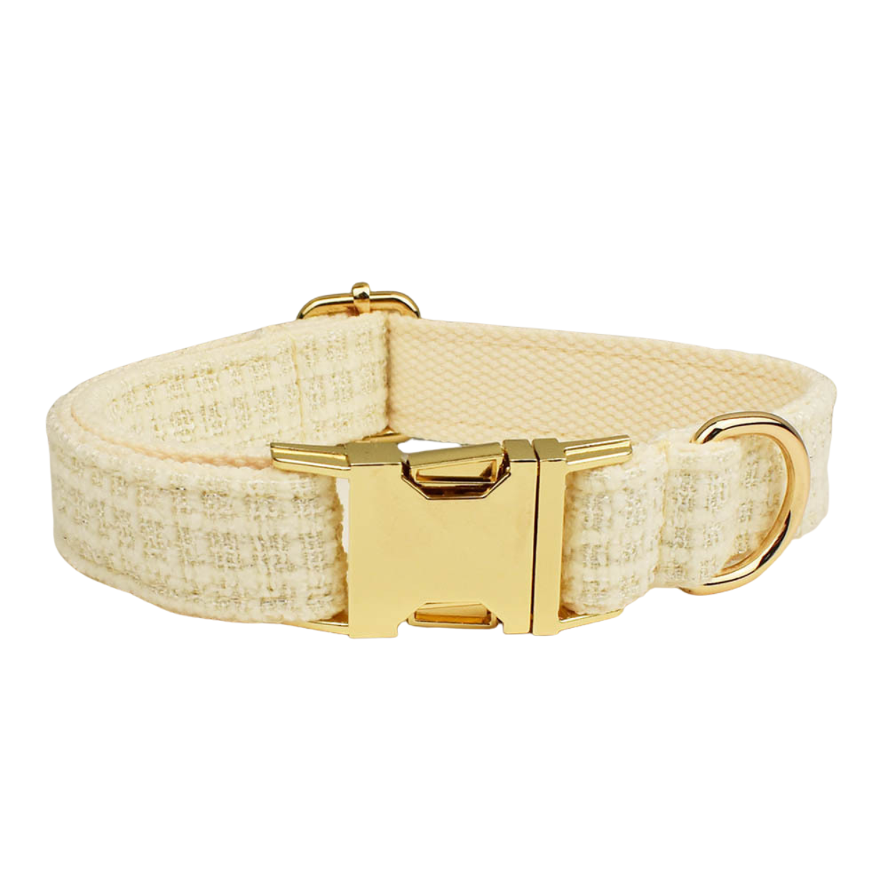 Classic cream tweed dog collar with gold buckle and D-ring product shot white background
