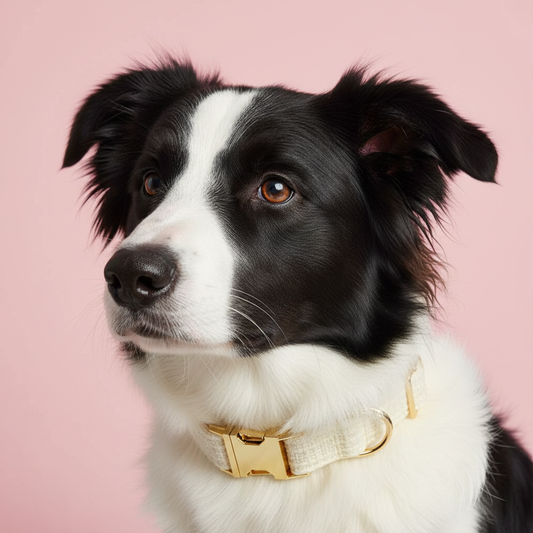 Border Collie wearing classic cream tweed collar with gold buckle on pink background
