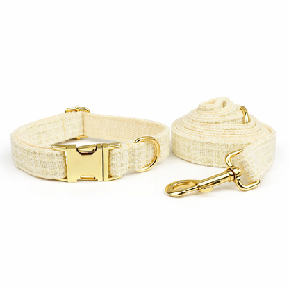 Classic cream tweed dog collar and leash set with gold hardware product shot white background
