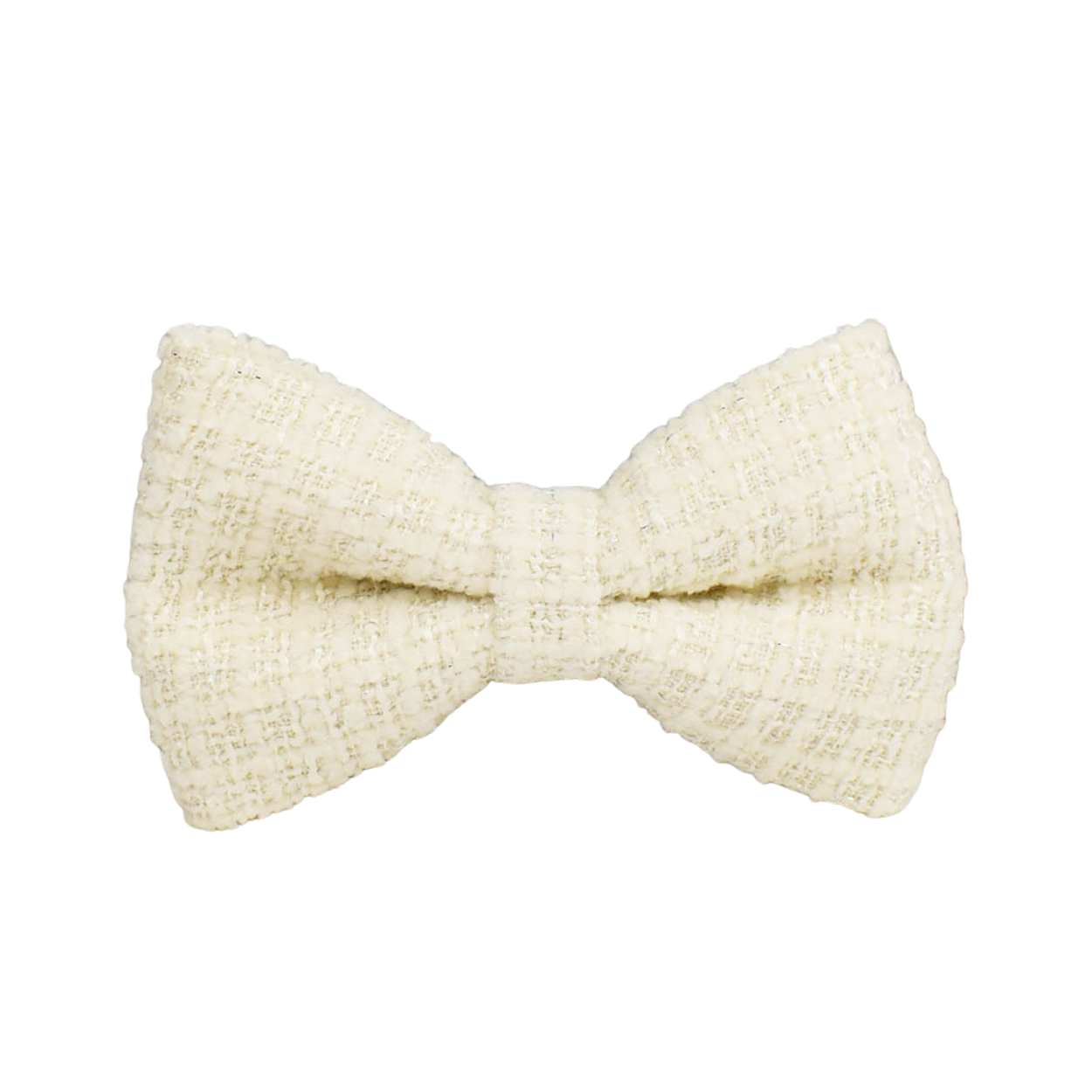 Close-up of a Bling Fuzzie cream tweed detachable dog bow tie, showing the classic woven texture with gold thread details on a white background