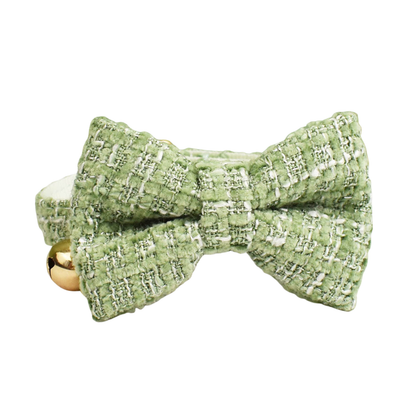 Classic sage green tweed cat collar with bow tie gold hardware and bell product shot white background
