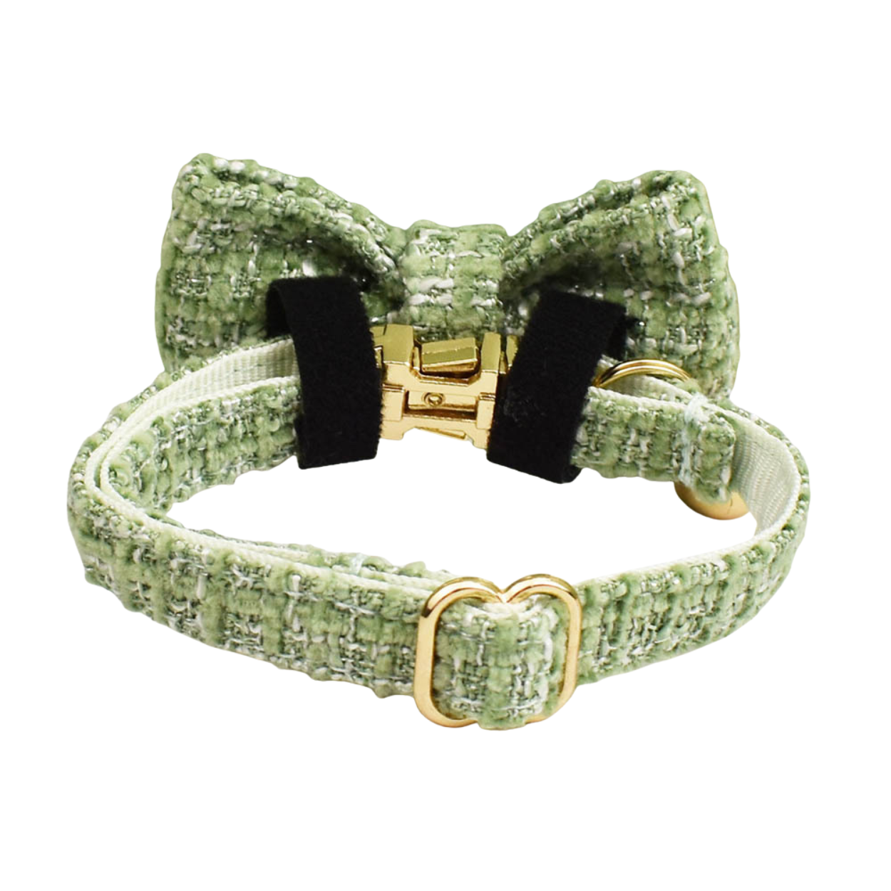 Classic sage green tweed cat collar with bow tie back view showing gold hardware product shot
