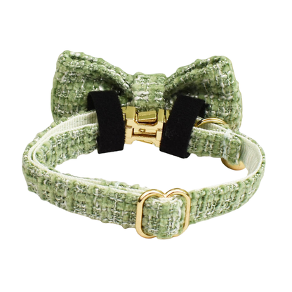 Classic sage green tweed cat collar with bow tie back view showing gold hardware product shot
