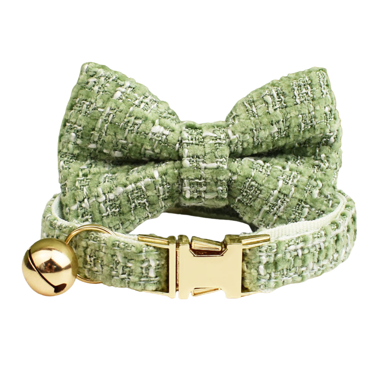 Classic sage green tweed cat collar with bow tie gold hardware and bell product detail shot
