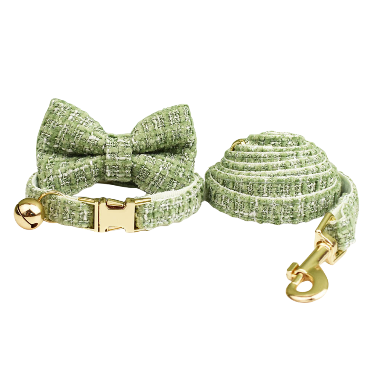 Classic sage green tweed cat collar bow tie and leash complete set with gold hardware product shot
