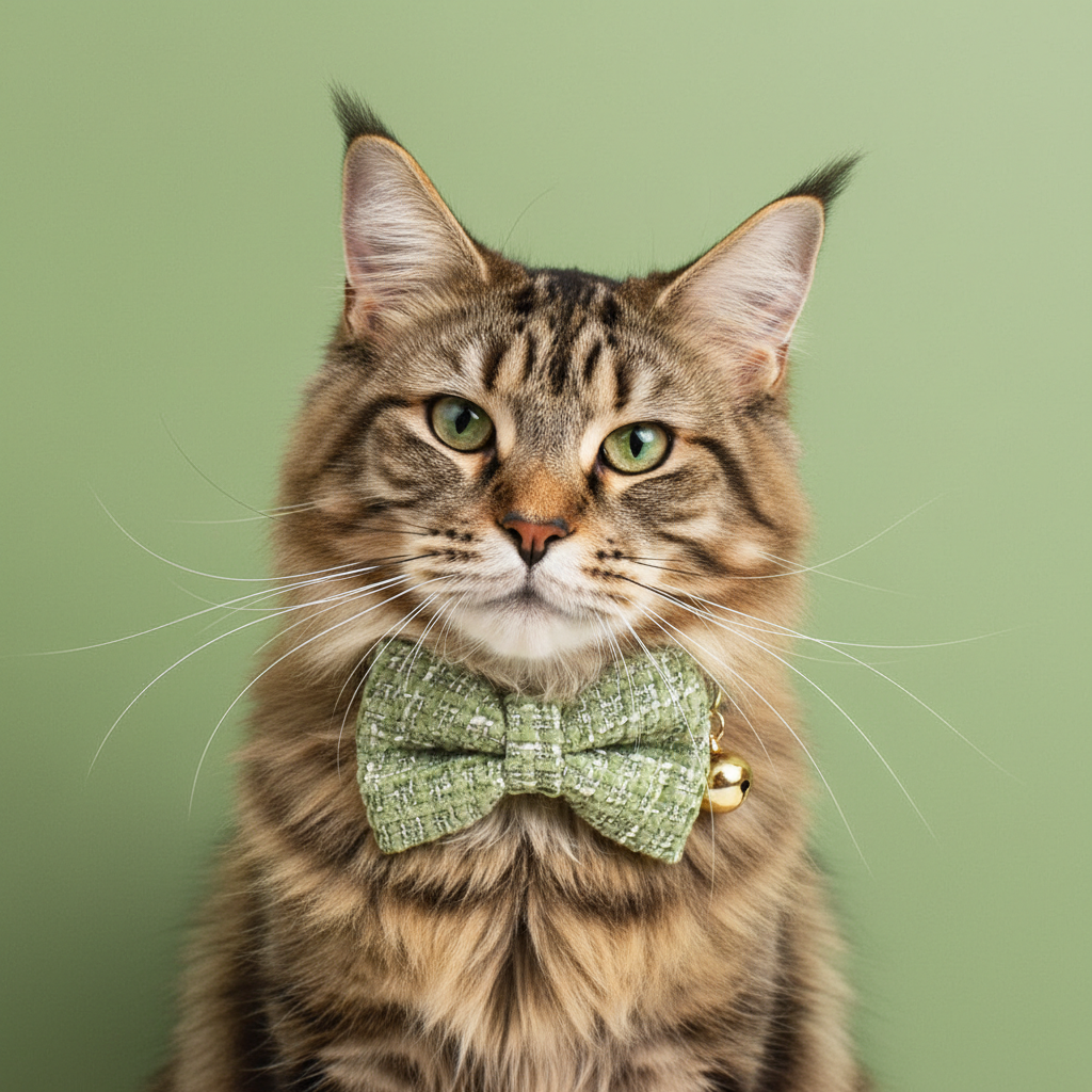 Maine Coon cat wearing classic sage green tweed collar with bow tie on green background
