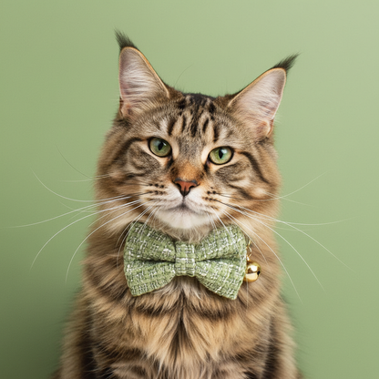 Maine Coon cat wearing classic sage green tweed collar with bow tie on green background
