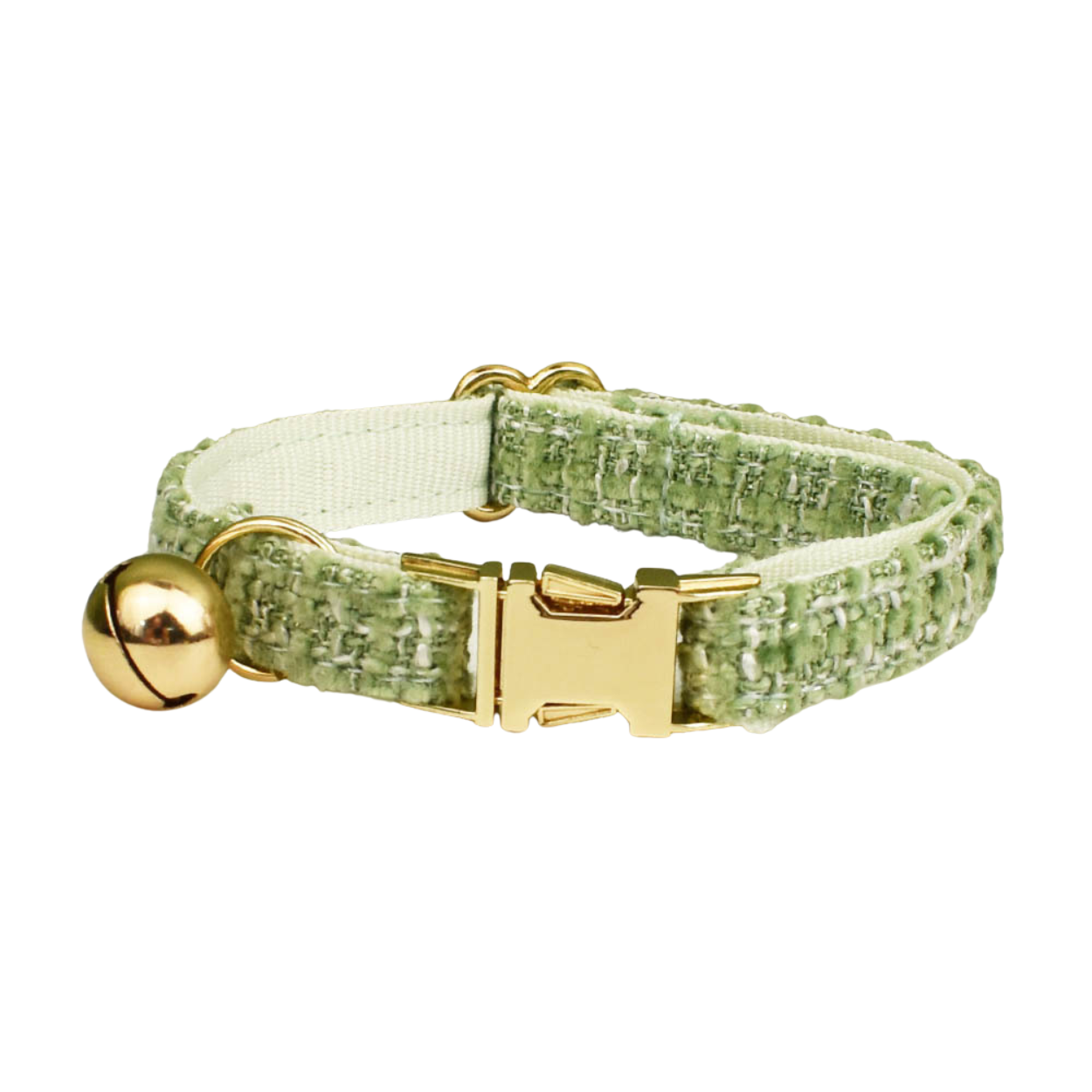 Classic sage green tweed cat collar with gold buckle and bell product shot white background
