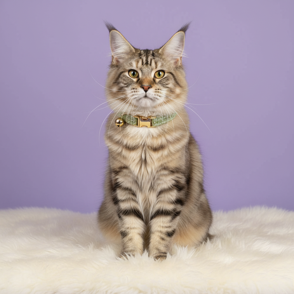 Maine Coon cat wearing classic sage green tweed collar with gold buckle on white rug purple background
