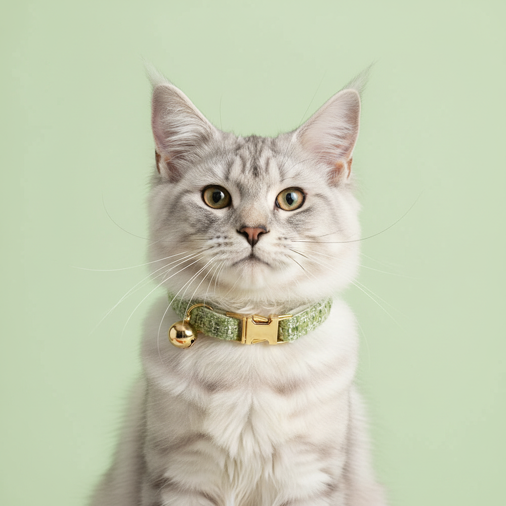 Silver tabby cat wearing classic sage green tweed collar with gold buckle on light green background
