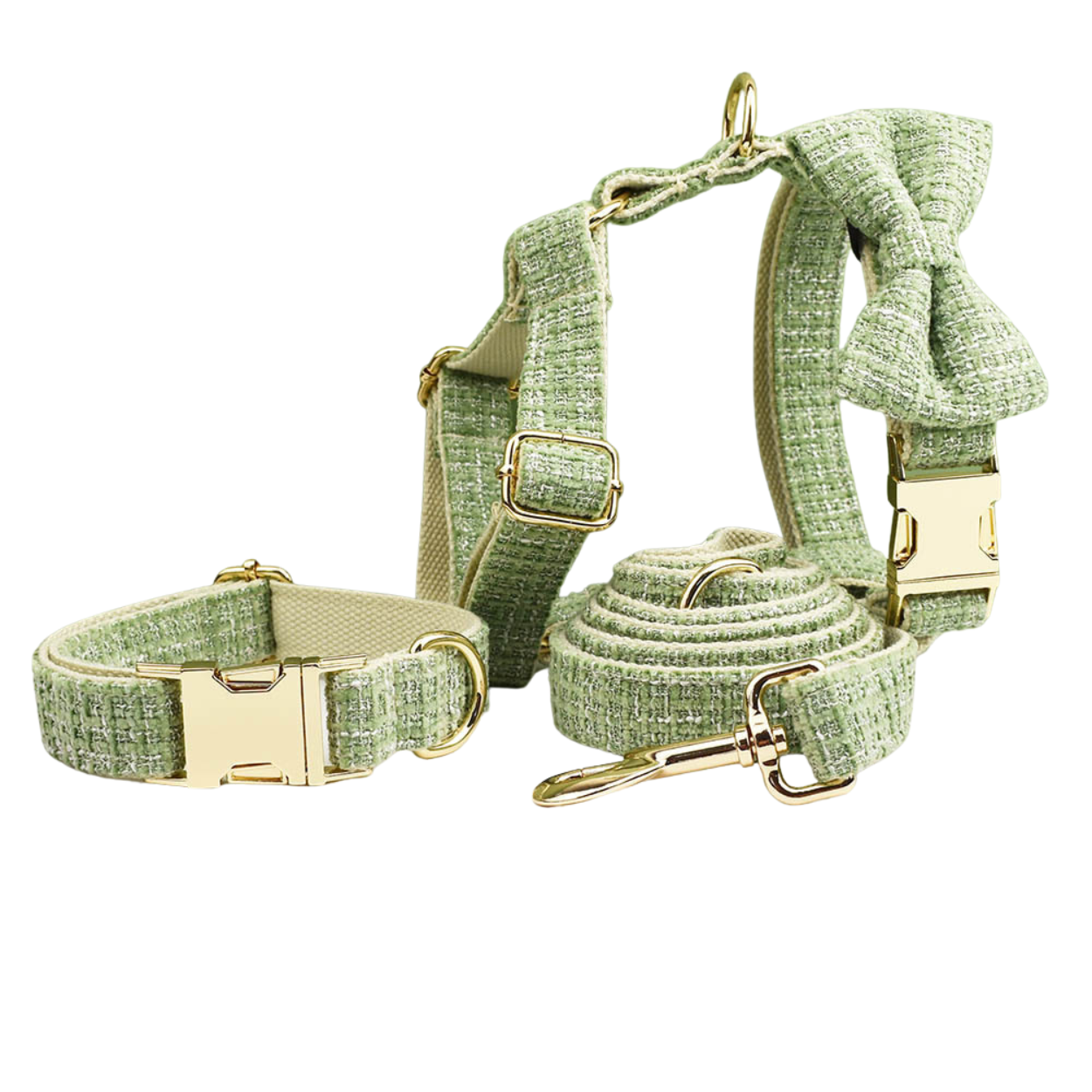 Classic sage green tweed dog 4-piece set collar bow tie harness leash with gold hardware main product shot