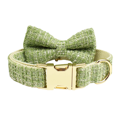 Classic sage green tweed dog collar with bow tie and gold hardware product shot white background
