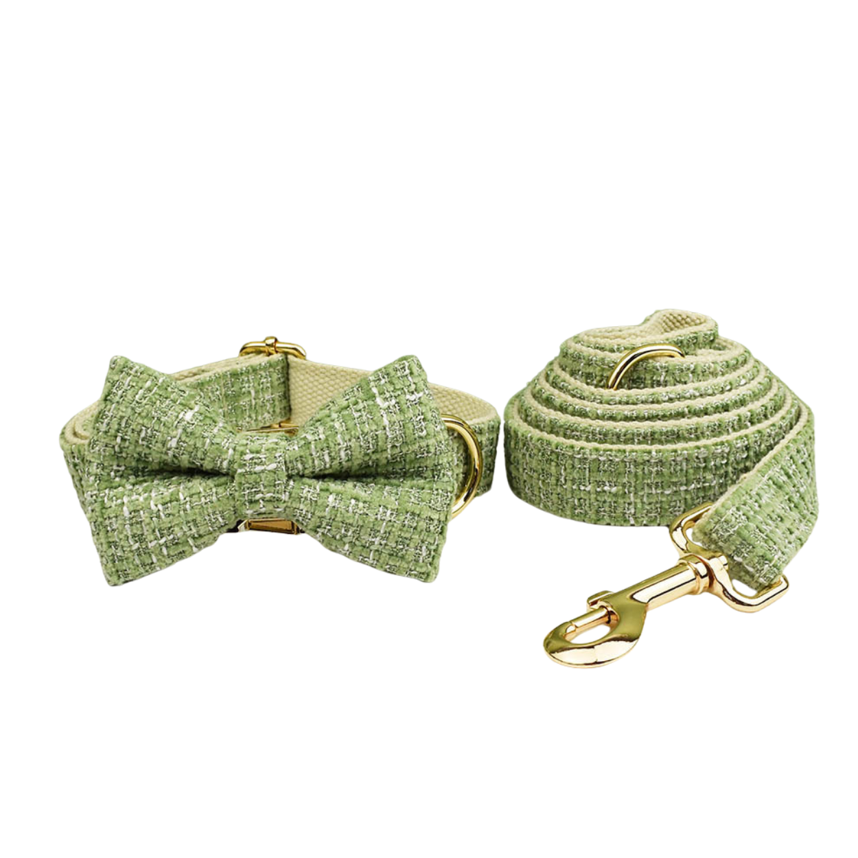 Classic sage green tweed dog collar bow tie and leash complete set with gold hardware product shot white background
