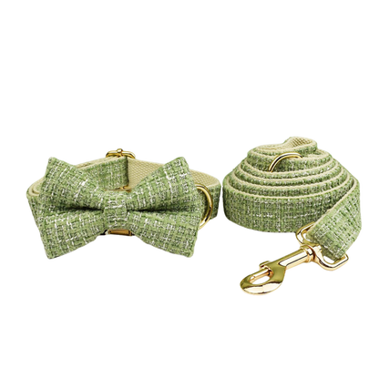 Classic sage green tweed dog collar bow tie and leash complete set with gold hardware product shot white background
