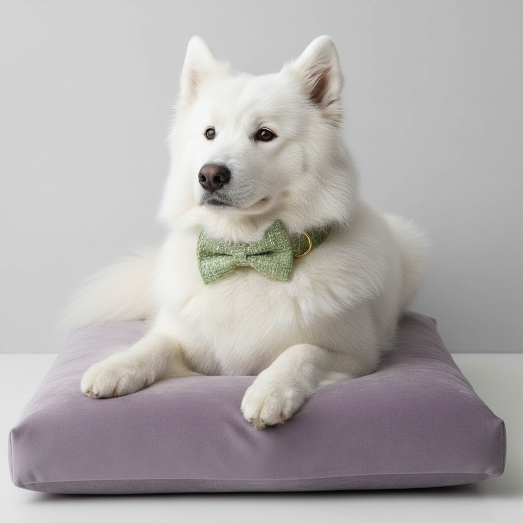 Samoyed wearing classic sage green tweed collar with bow tie on grey background with purple cushion
