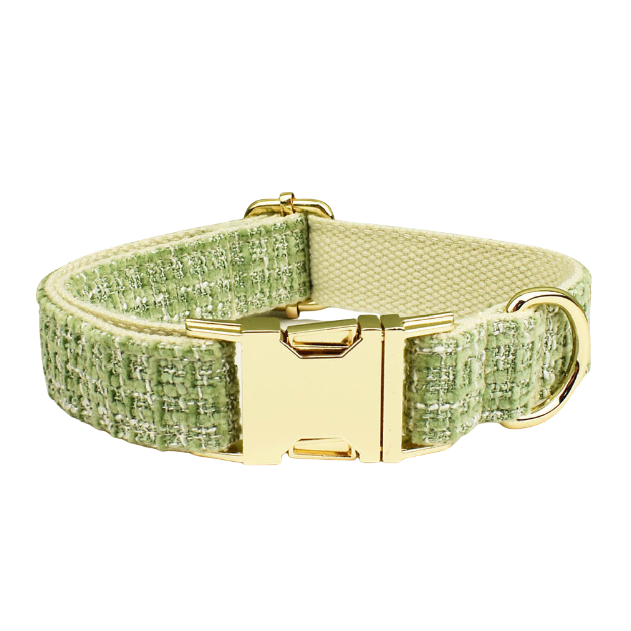 Classic sage green tweed dog collar with gold buckle and D-ring product shot white background
