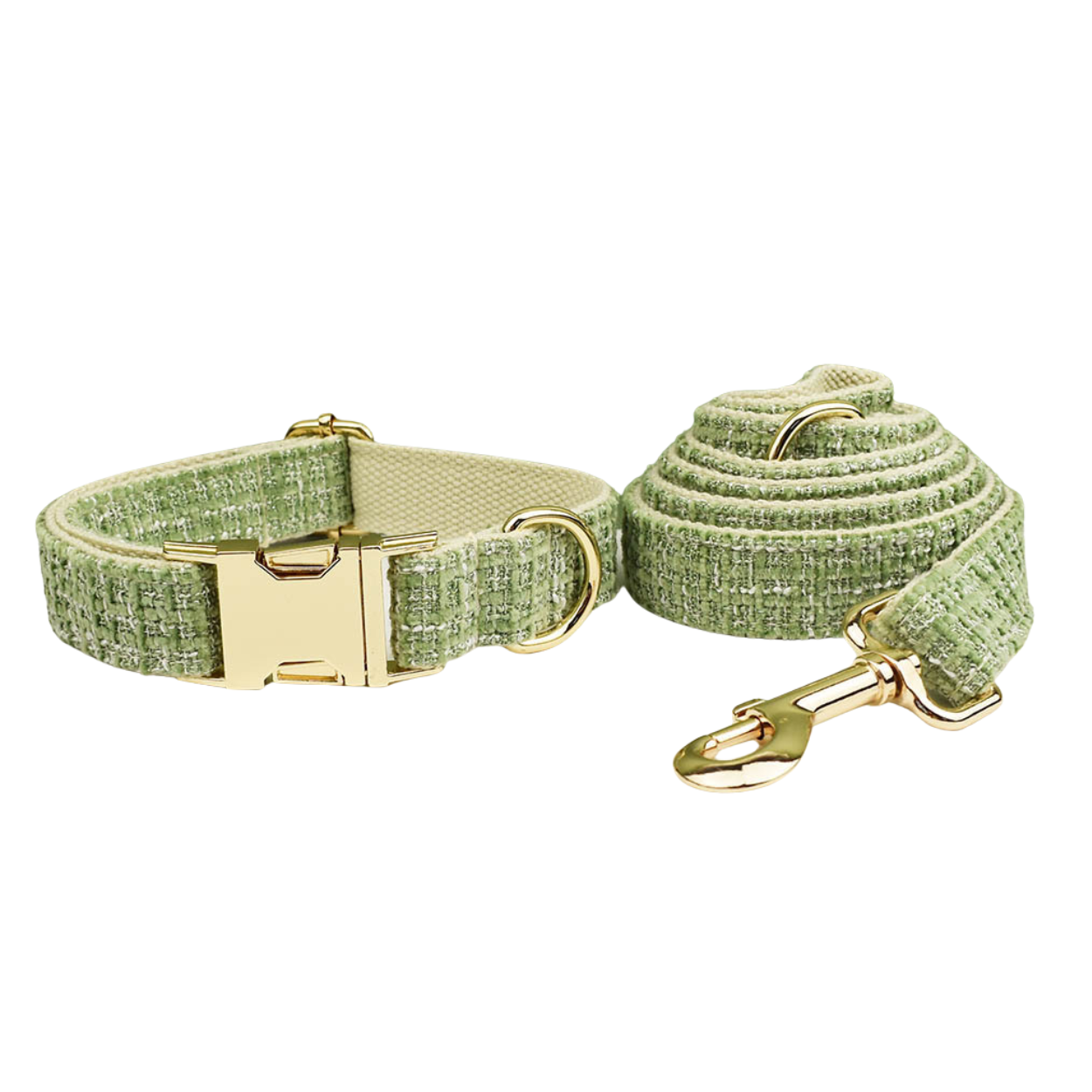 Classic sage green tweed dog collar and leash set with gold hardware product shot white background
