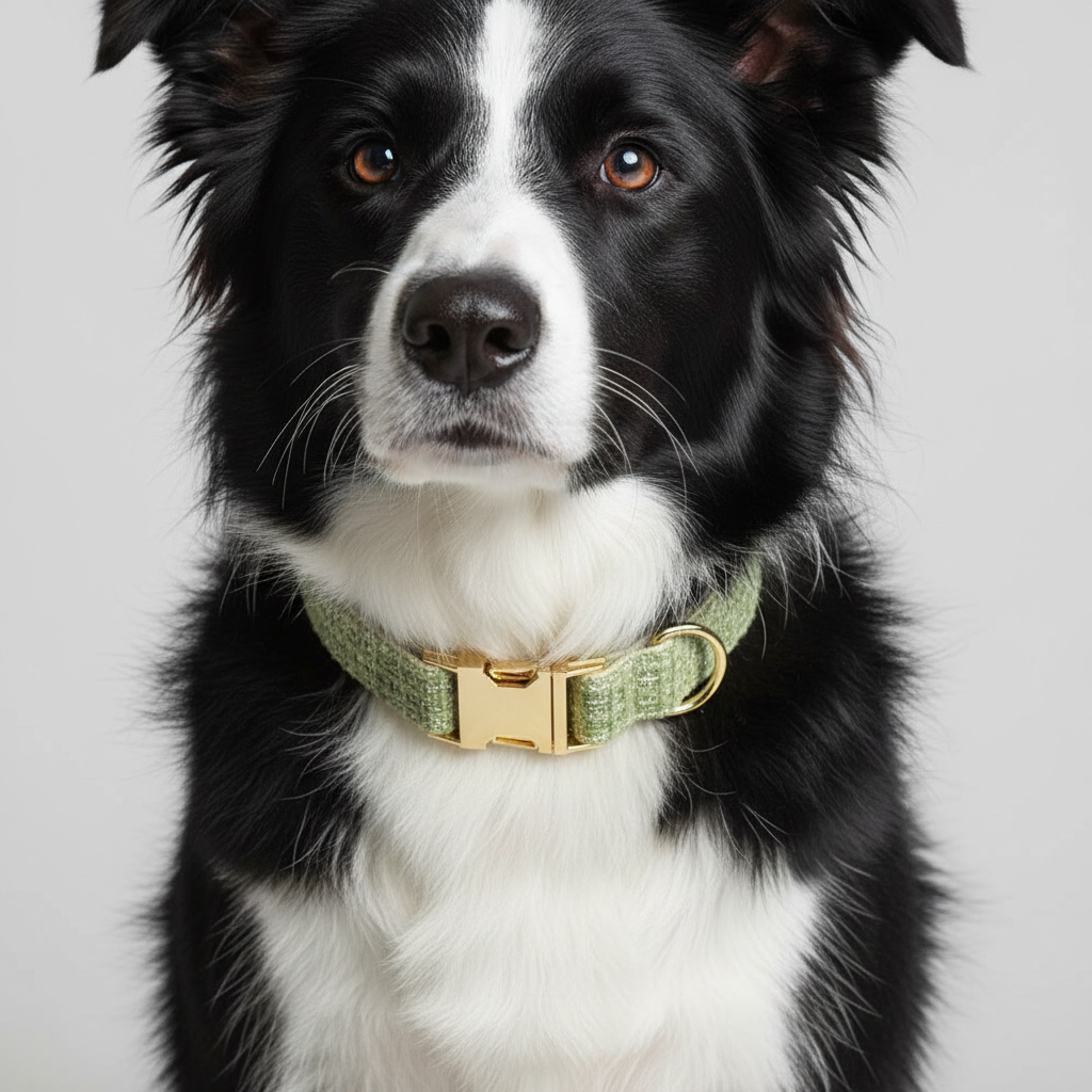 Border Collie wearing classic sage green tweed collar on white background
