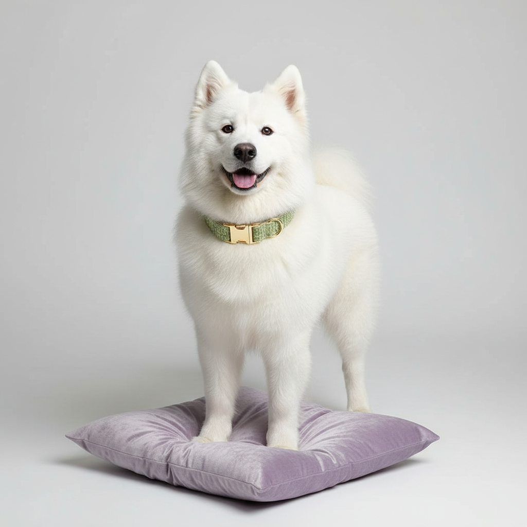 Samoyed wearing classic sage green tweed collar on white background with purple cushion
